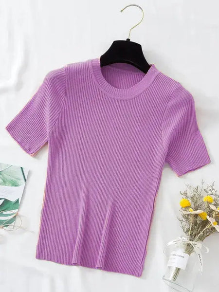 Lavender Women’s Slim Fit Solid Rib Knit Stretchable Top Istyle Can