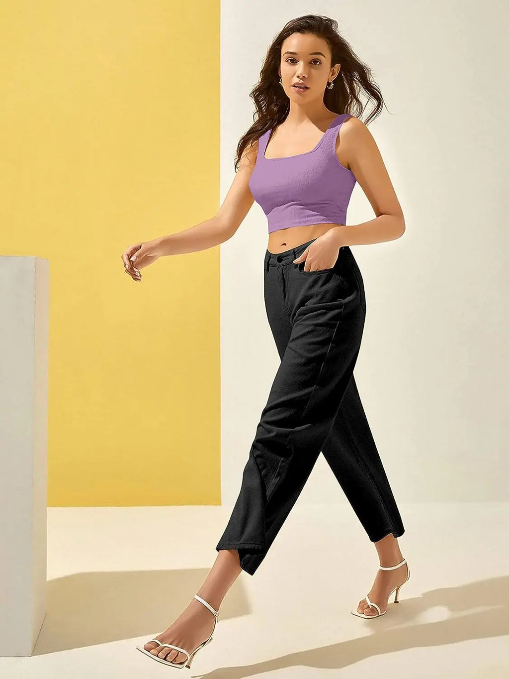 Women's & Girls' Solid Lavender Ribbed Square Neck Slim Fit Crop Tank Tops Istyle Can