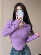 Istyle Can Lavender Women's Top Solid Long Sleeve Ribbed Asymmetric Hem Casual T-Shirt Istyle Can