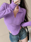 Istyle Can Lavender Women's Top Solid Long Sleeve Ribbed Asymmetric Hem Casual T-Shirt Istyle Can