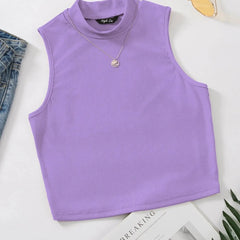 Women's & Girls Lavender Solid Mock Neck Rib/Knit Sleeveless Stretchable Slim Fit Crop Tank Top Istyle Can