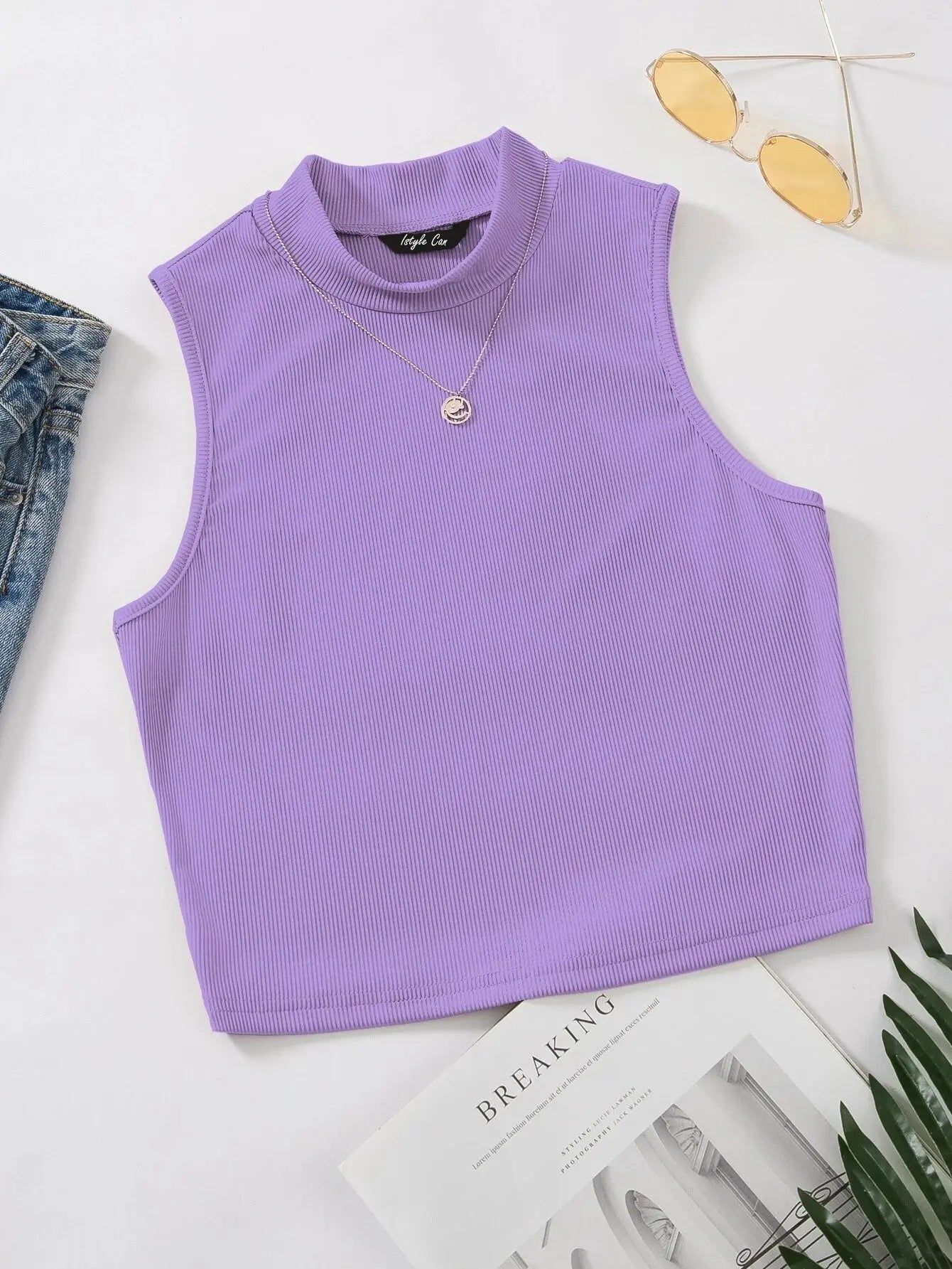 Women's & Girls Lavender Solid Mock Neck Rib/Knit Sleeveless Stretchable Slim Fit Crop Tank Top Istyle Can Main image