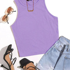 Women's Crew Neck Sleeveless Solid Rib Knit Lavender Crop Tank Top Istyle Can