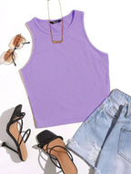Women's Crew Neck Sleeveless Solid Rib Knit Lavender Crop Tank Top Istyle Can