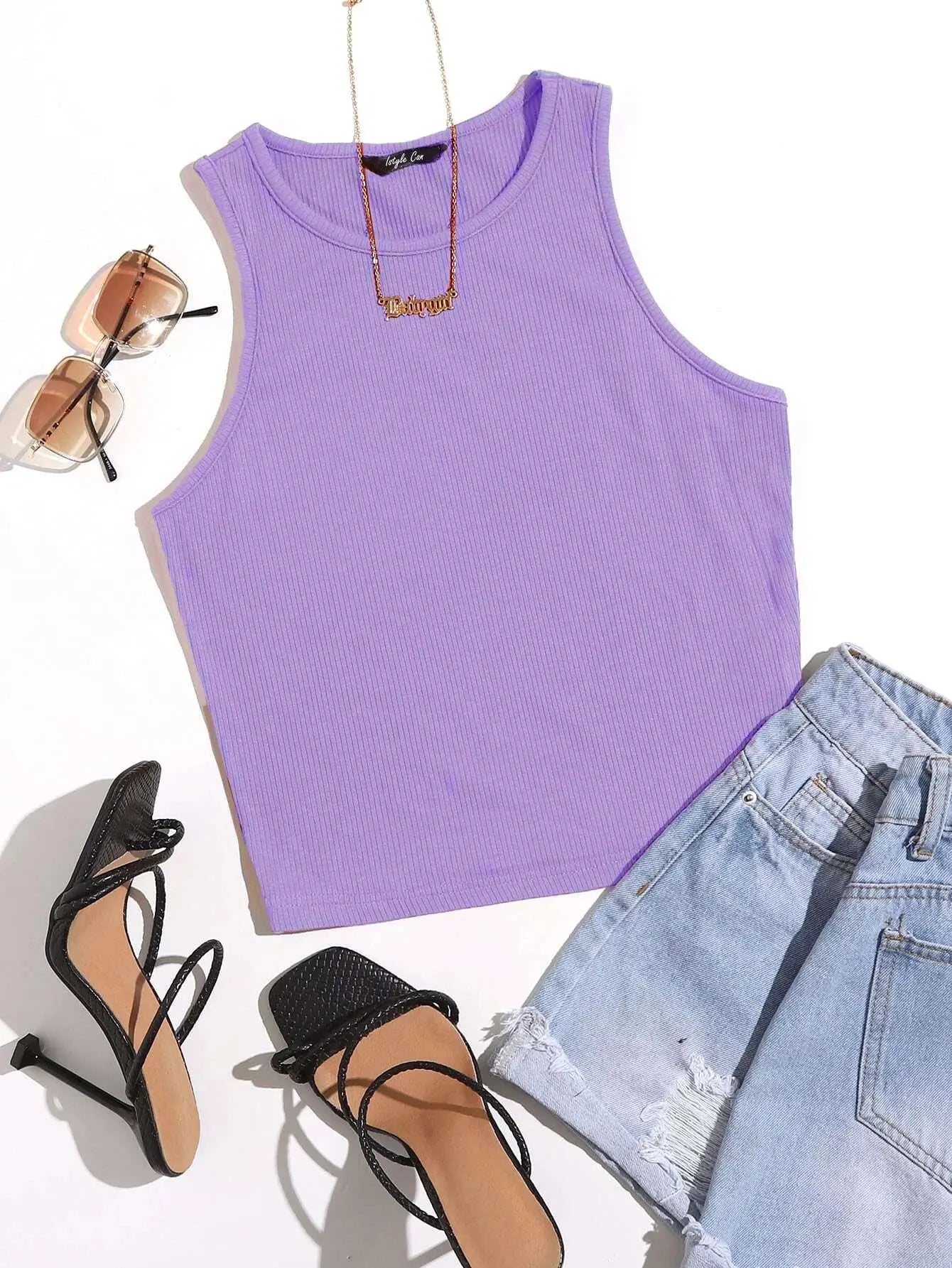 Women's Crew Neck Sleeveless Solid Rib Knit Lavender Crop Tank Top Istyle Can