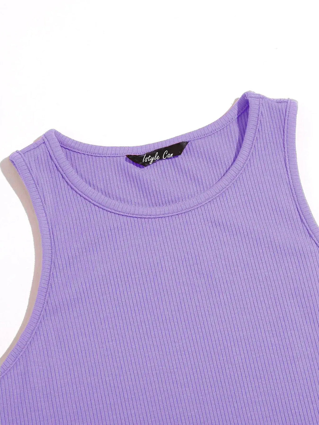 Women's Crew Neck Sleeveless Solid Rib Knit Lavender Crop Tank Top Istyle Can