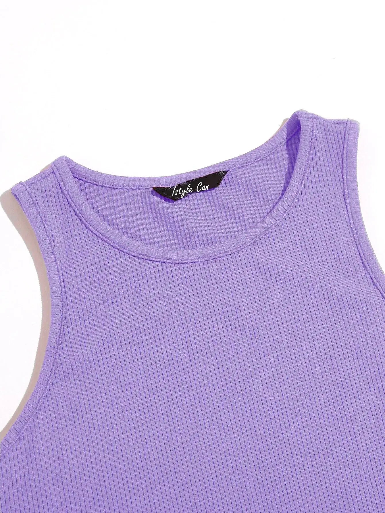 Women's Crew Neck Sleeveless Solid Rib Knit Lavender Crop Tank Top Istyle Can