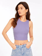 Women's Crew Neck Sleeveless Solid Rib Knit Lavender Crop Tank Top Istyle Can