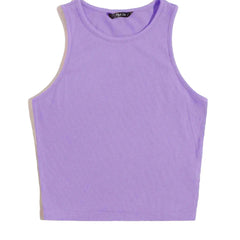 Women's Crew Neck Sleeveless Solid Rib Knit Lavender Crop Tank Top Istyle Can