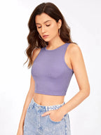 Women's Crew Neck Sleeveless Solid Rib Knit Lavender Crop Tank Top Istyle Can