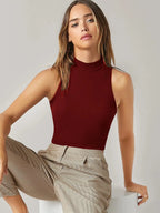 Women's & Girls Maroon Solid Mock Neck Rib/Knit Sleeveless Stretchable Slim Fit Crop Tank Top Istyle Can