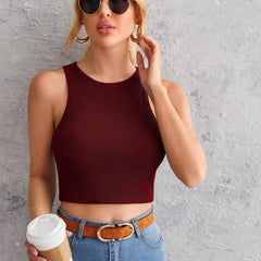 Women's Crew Neck Sleeveless Solid Rib Knit Maroon Crop Tank Top Istyle Can