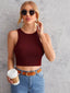 Women's Crew Neck Sleeveless Solid Rib Knit Maroon Crop Tank Top Istyle Can