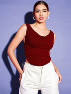 Istyle Can Maroon Women's Solid/Plain Asymmetric Hem Stretchable Draped Crop Top Istyle Can