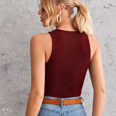 Women's Crew Neck Sleeveless Solid Rib Knit Maroon Crop Tank Top Istyle Can