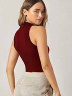 Women's & Girls Maroon Solid Mock Neck Rib/Knit Sleeveless Stretchable Slim Fit Crop Tank Top Istyle Can