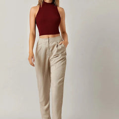 Women's & Girls Maroon Solid Mock Neck Rib/Knit Sleeveless Stretchable Slim Fit Crop Tank Top Istyle Can