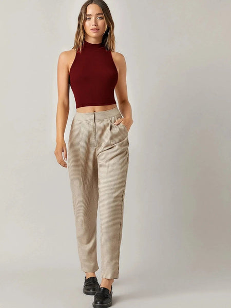 Women's & Girls Maroon Solid Mock Neck Rib/Knit Sleeveless Stretchable Slim Fit Crop Tank Top Istyle Can