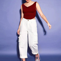 Istyle Can Maroon Women's Solid/Plain Asymmetric Hem Stretchable Draped Crop Top Istyle Can