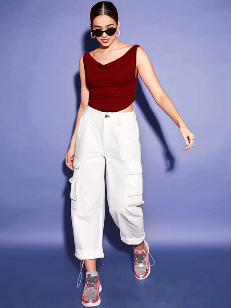 Istyle Can Maroon Women's Solid/Plain Asymmetric Hem Stretchable Draped Crop Top Istyle Can