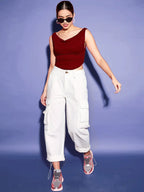 Istyle Can Maroon Women's Solid/Plain Asymmetric Hem Stretchable Draped Crop Top Istyle Can