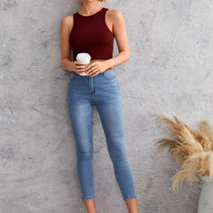 Women's Crew Neck Sleeveless Solid Rib Knit Maroon Crop Tank Top Istyle Can