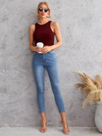 Women's Crew Neck Sleeveless Solid Rib Knit Maroon Crop Tank Top Istyle Can