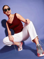 Istyle Can Maroon Women's Solid/Plain Asymmetric Hem Stretchable Draped Crop Top Istyle Can