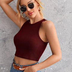 Women's Crew Neck Sleeveless Solid Rib Knit Maroon Crop Tank Top Istyle Can