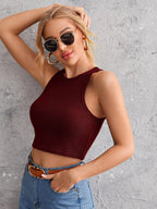 Women's Crew Neck Sleeveless Solid Rib Knit Maroon Crop Tank Top Istyle Can