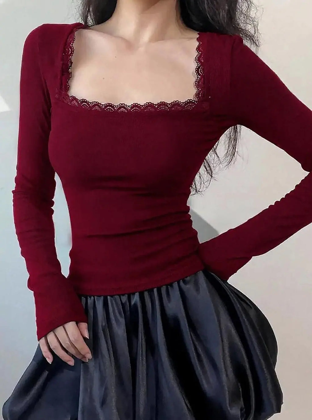 Istyle Can Maroon Women’s Ribbed Square Neck Puff Sleeve Top Istyle Can