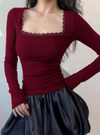 Istyle Can Maroon Women’s Ribbed Square Neck Puff Sleeve Top Istyle Can