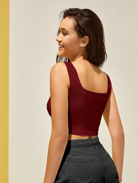 Women's & Girls' Solid Maroon Ribbed Square Neck Slim Fit Crop Tank Tops Istyle Can