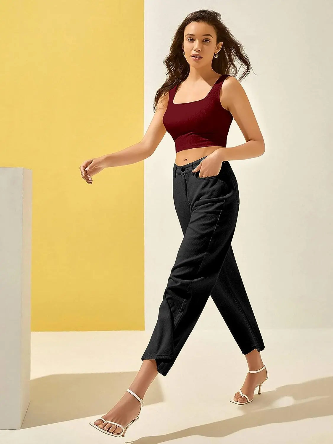 Women's & Girls' Solid Maroon Ribbed Square Neck Slim Fit Crop Tank Tops Istyle Can