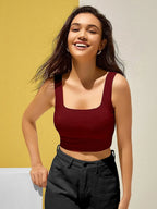 Women's & Girls' Solid Maroon Ribbed Square Neck Slim Fit Crop Tank Tops Istyle Can