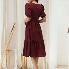 Istyle Can Maroon Solid Puff Sleeve Crepe Fit & Flare Midi Dress Istyle Can