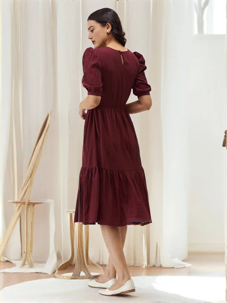 Istyle Can Maroon Solid Puff Sleeve Crepe Fit & Flare Midi Dress Istyle Can