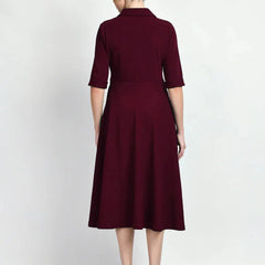 Istyle Can Maroon Serenity Button Up Front 3/4 Sleeves Fit and Flared Shirt Midi Dress My Store