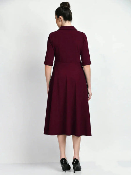 Istyle Can Maroon Serenity Button Up Front 3/4 Sleeves Fit and Flared Shirt Midi Dress My Store