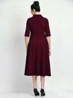 Istyle Can Maroon Serenity Button Up Front 3/4 Sleeves Fit and Flared Shirt Midi Dress My Store