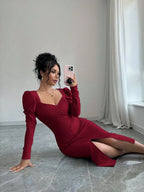 Istyle Can Maroon Square Neck Puff Sleeve Bodycon Dress Istyle Can