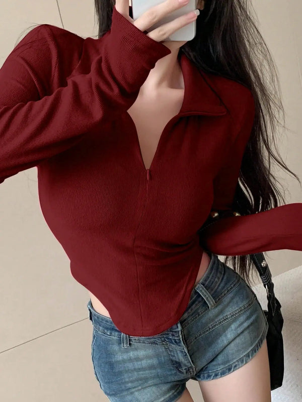 Istyle Can Maroon Women's Top Solid Long Sleeve Ribbed Asymmetric Hem Casual T-Shirt Istyle Can