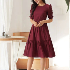 Istyle Can Maroon Solid Puff Sleeve Crepe Fit & Flare Midi Dress Istyle Can
