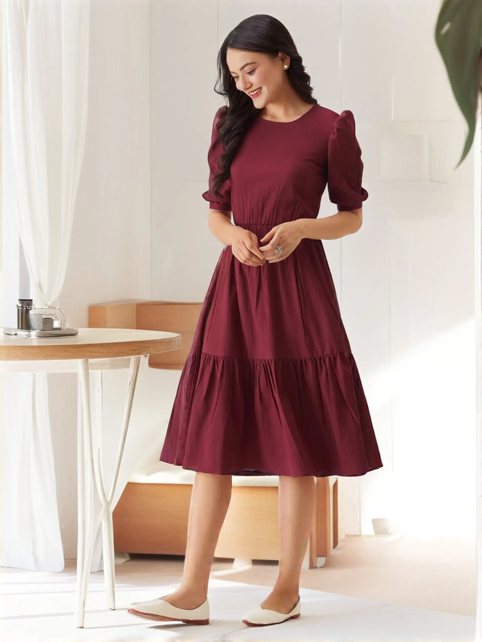 Istyle Can Maroon Solid Puff Sleeve Crepe Fit & Flare Midi Dress Istyle Can
