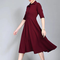 Istyle Can Maroon Serenity Button Up Front 3/4 Sleeves Fit and Flared Shirt Midi Dress My Store