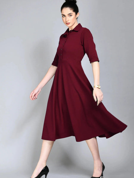 Istyle Can Maroon Serenity Button Up Front 3/4 Sleeves Fit and Flared Shirt Midi Dress My Store