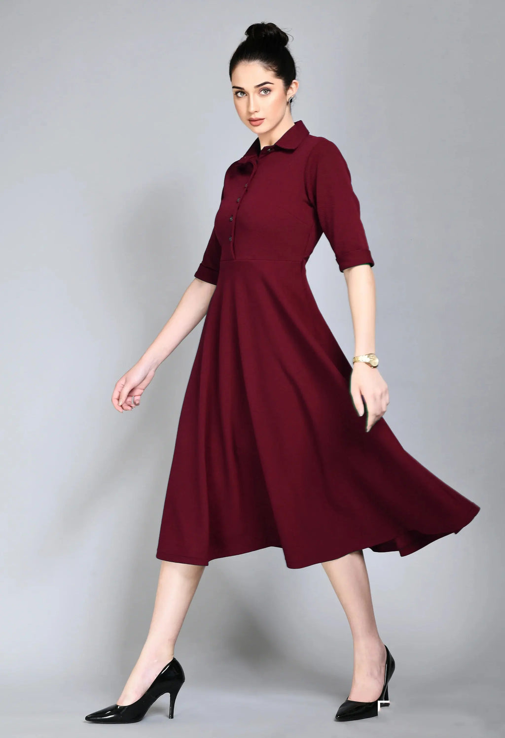 Istyle Can Maroon Serenity Button Up Front 3/4 Sleeves Fit and Flared Shirt Midi Dress My Store