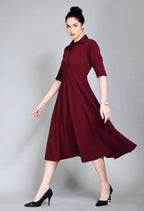 Istyle Can Maroon Serenity Button Up Front 3/4 Sleeves Fit and Flared Shirt Midi Dress My Store