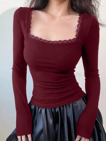 Istyle Can Maroon Women’s Ribbed Square Neck Puff Sleeve Top Istyle Can