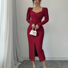 Istyle Can Maroon Square Neck Puff Sleeve Bodycon Dress Istyle Can